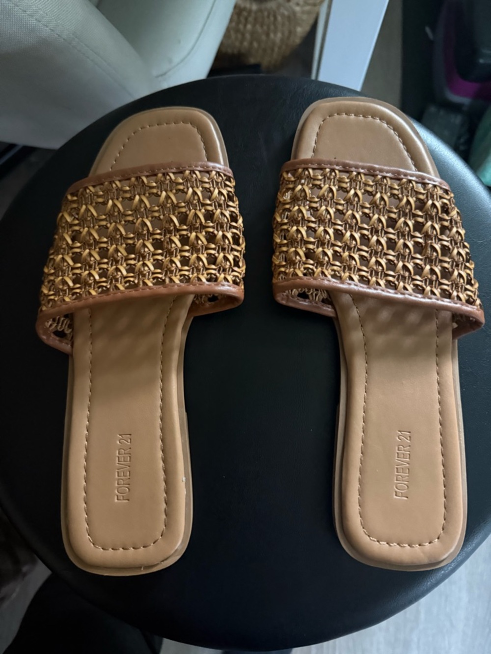 Forever 21 Brown Tan Woven Slide Sandals